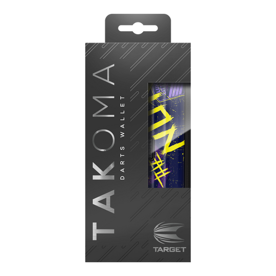 Etui na lotki Target Takoma Luke Littler Die Abbildung zeigt die Verpackung des "Target Takoma Luke Littler Dartcase". Die Schachtel ist überwiegend schwarz mit silberner Schrift und einem Sichtfenster, das einen Teil des Dartcase-Designs zeigt.