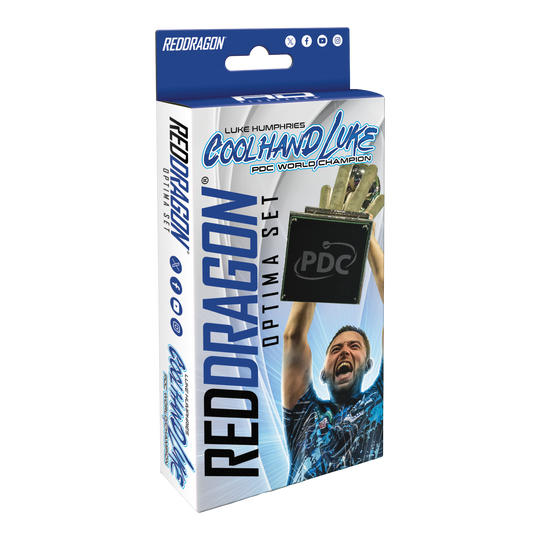 Die Verpackung zeigt das Produkt "Red Dragon Luke Humphries Optima Zubehör Pack". Auf der Vorderseite ist ein jubelnder Luke Humphries und ein Pokal abgebildet.