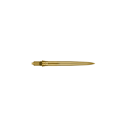 Abgebildet sind goldene Dartspitzen mit einer Länge von 28mm. Sie gehören wahrscheinlich zur Serie Caliburn EZ-EVO Smooth.