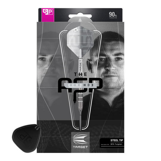 Stalowe lotki Target Nathan Aspinall X Echo Swiss Point Die Verpackung zeigt die Target Nathan Aspinall X Echo Swiss Point Steeldarts. Auf der Vorderseite sind ein Dartpfeil und das Porträt eines Mannes zu sehen.