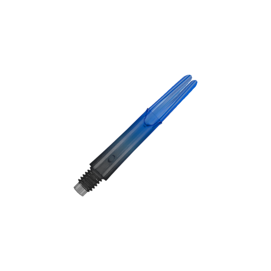 Dwukolorowe wałki L-L-Style-Shaft Locked Straight Natural9 - niebieskie Auf dem Bild ist ein blauer, transparenter Dart-Schaft zu sehen. Der Schaft hat ein gerades Design und ein schwarzes Gewinde am unteren Ende.