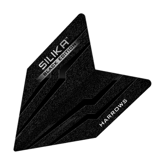 Harrows Silika Black Edition Velos Flights Das Bild zeigt ein schwarzes Dartflight mit dem Namen "Harrows Silika Black-Edition Velos Flights". Auf dem Flight stehen die Wörter "SILIKA BLACK EDITION" und "HARROWS" in weißen Buchstaben.
