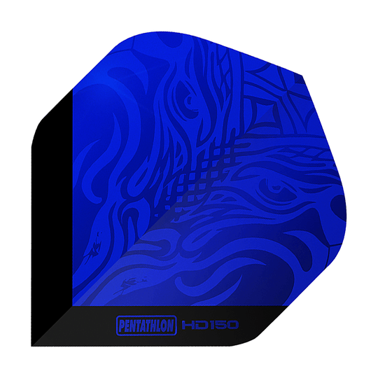 Pentathlon HD150 Metallic Blue Standard Flights Das Bild zeigt ein Dartflight in metallisch blau mit künstlerischem Muster. Unten steht der Schriftzug „PENTATHLON HD150“.