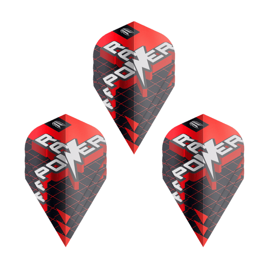 Das Bild zeigt drei Sets der Target Pro Ultra Phil Taylor Power 9Five GEN11 Vapor S Flights. Die Flights sind überwiegend rot und schwarz mit dem Schriftzug "POWER" und einem Blitz-Design.