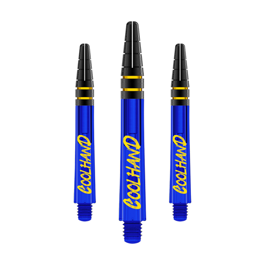 Red Dragon Nitrotech Luke Humphries Coolhand Shafts - Niebieski Das Bild zeigt drei blaue Dartschäfte mit der gelben Aufschrift "COOLHAND". Die Schäfte haben schwarze und goldene Ringe am oberen Ende.