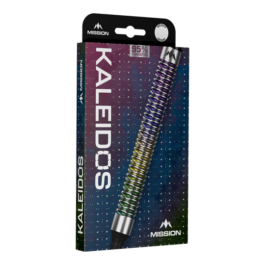 Mission Kaleidos Softdarts - 19g sind auf diesem Bild abgebildet. Diese Darts bieten eine gute Kontrolle beim Werfen.