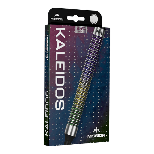 Mission Kaleidos miękkie lotki - 19g Mission Kaleidos Softdarts - 19g sind auf diesem Bild abgebildet. Diese Darts bieten eine gute Kontrolle beim Werfen.