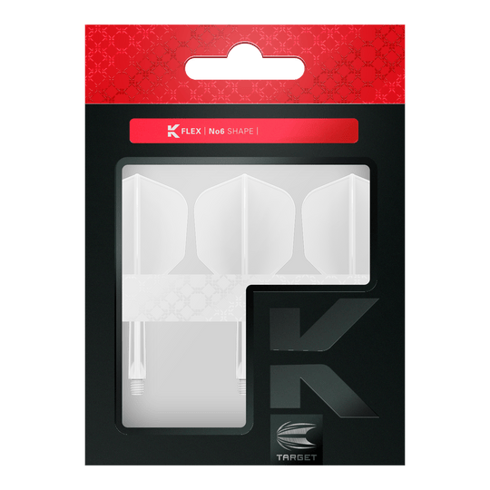 System lotu Target K-Flex No6 - biały Das Bild zeigt eine Verpackung mit drei weißen Dartflights im No6-Format der Marke Target. Die Verpackung ist überwiegend schwarz mit einem roten oberen Bereich und einem Sichtfenster für die Flights.