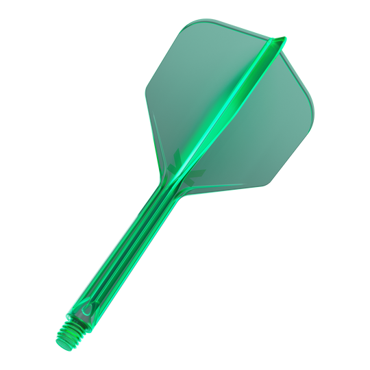 System lotu Target K-Flex No6 – zielony Darts mit besonderer Flight-Länge sind zu sehen. Die Spitzen sind symmetrisch ausgerichtet.
