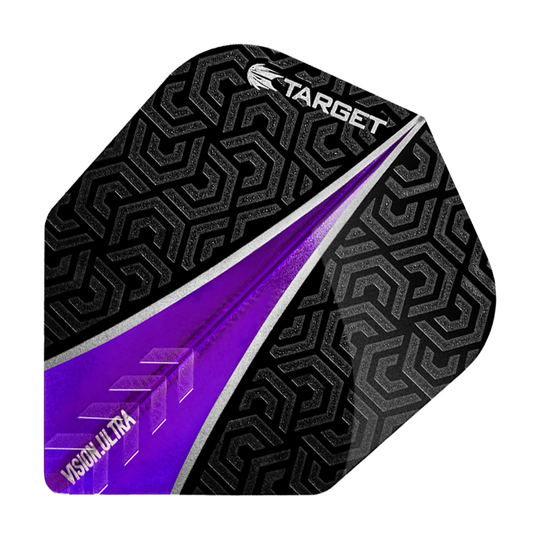 Das Bild zeigt ein Target Vision Ultra Purple No6 Flight für Dartpfeile. Das Flight ist schwarz mit einem auffälligen lila Muster und geometrischem Design.