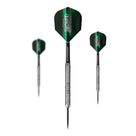 Stalowe lotki udarowe Harrows Dieses Bild präsentiert ein Set Harrows Impact Steeldarts. Das Set umfasst mehrere Darts für Steeldartspiele.
