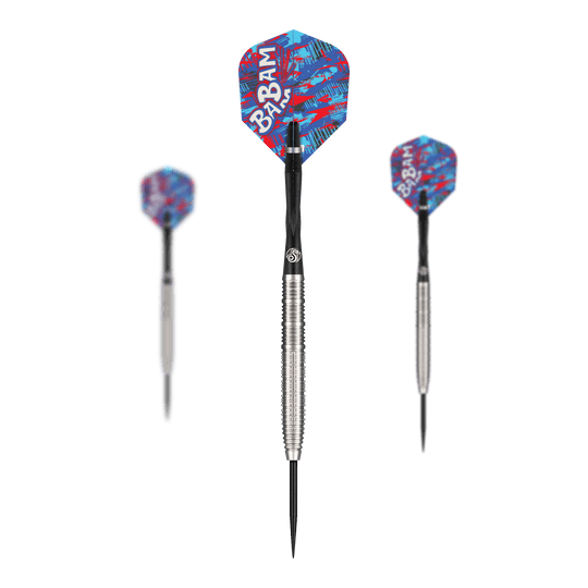 Das Bild zeigt drei Steeldarts aus der Shot Pro Series Bradley Brooks GEN2 mit einem Gewicht von 23g. Die Flights sind bunt gestaltet und tragen die Aufschrift "BABAM".