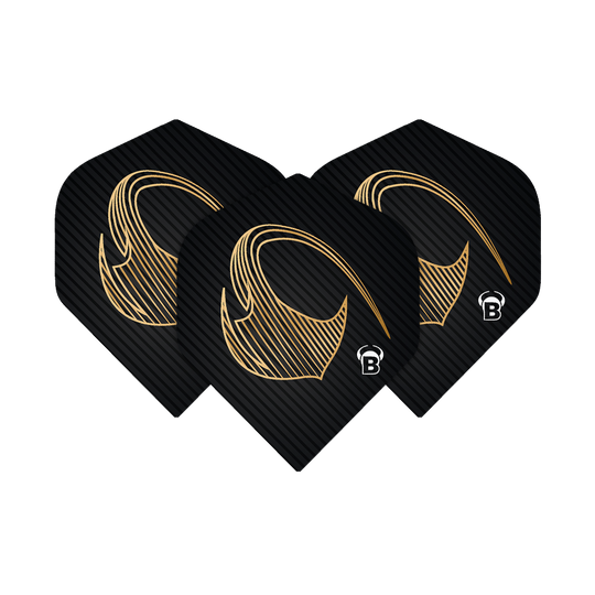 Bulls Metrixx Stingray No2 Standard Flights Das Bild zeigt drei schwarze Dart-Flights mit einem goldenen Muster und dem Buchstaben "B" in der Ecke. Es handelt sich um die Bulls Metrixx Stingray No2 Standard Flights.