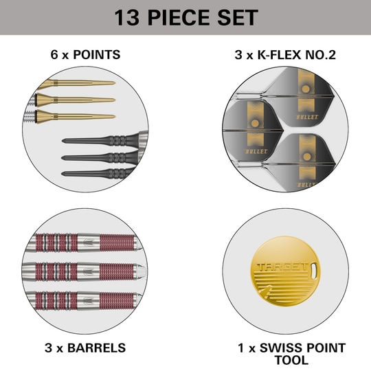 Target Stephen Bunting 95K Miękkie lotki - 19g Das Bild zeigt ein 13-teiliges Set des Produkts "Target Stephen Bunting 95K Softdarts - 19g". Enthalten sind 6 Spitzen, 3 K-Flex No.2 Flights, 3 Barrels und 1 Swiss Point Tool.
