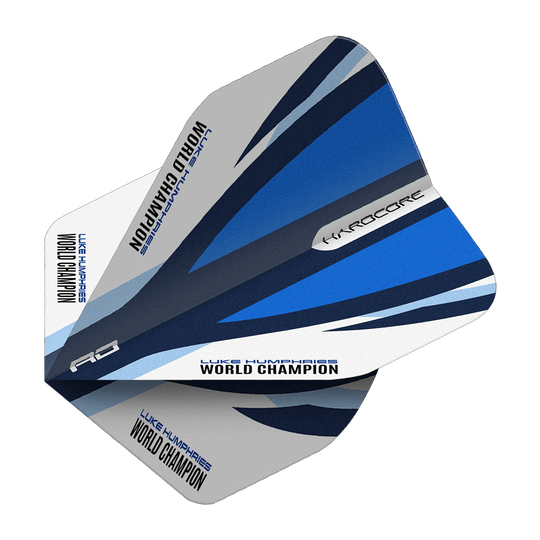 Czerwony Smok Hardcore Luke Humphries Niebiesko-Biały Standardowe Loty Das Bild zeigt die Red Dragon Hardcore Luke Humphries Blue White Standard Flights. Die Dartflights haben ein blau-weißes Design und den Aufdruck "Luke Humphries World Champion".