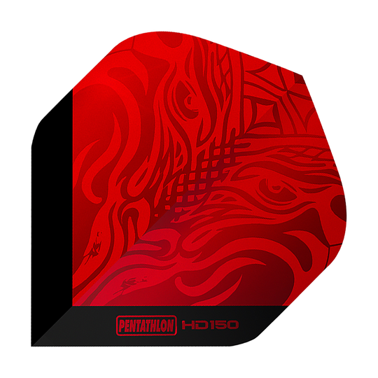 Pentathlon HD150 Metallic Red Standard Flights Das Bild zeigt ein rotes Dartflight mit einem abstrakten Muster. Unten steht der Schriftzug „Pentathlon HD150“.