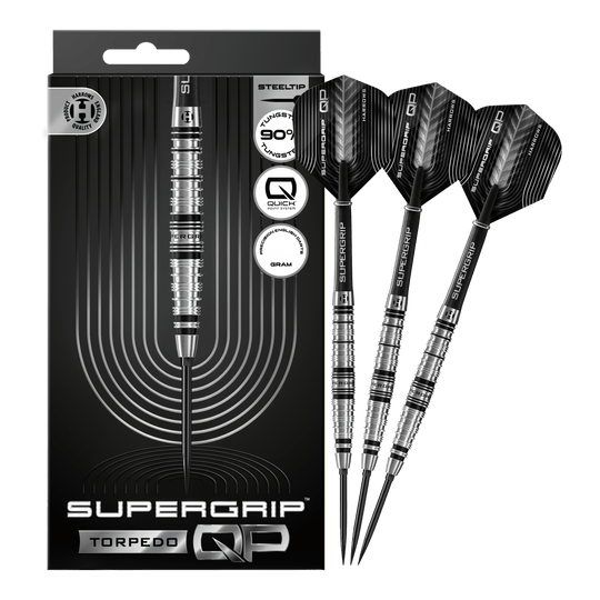 Lotki stalowe Harrows Supergrip Torpedo Quick Point Abgebildet sind Harrows Supergrip Torpedo Quick Point Steeldarts. Die Steeldarts sind vollständig dargestellt.