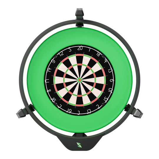 Elektroniczny system autopunktacji Scolia Home 2 z pierścieniem świetlnym 2026 Das Bild zeigt das Produkt "Scolia Home 2 Electronic Score System mit Beleuchtungsring". In der Mitte befindet sich eine Dartscheibe, die von einem grünen Leuchtring umgeben ist.