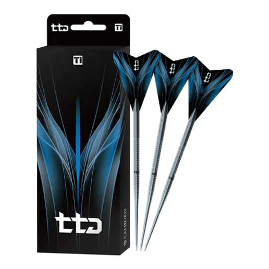 Das Bild zeigt die Caliburn TTD Complete Titanium T1 Silver Steeldarts - 5g. Es handelt sich um hochwertige silberne Steeldarts aus Titan.
