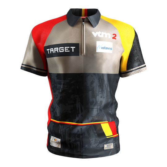 Koszulka do darta Target Coolplay Dimitri Van Den Bergh 2025 Das Bild zeigt das "Target Coolplay Dimitri Van Den Bergh 2025 Dartshirt". Das Shirt ist bunt gestaltet mit den Farben Schwarz, Rot, Gelb und Beige und trägt mehrere Sponsorenlogos.