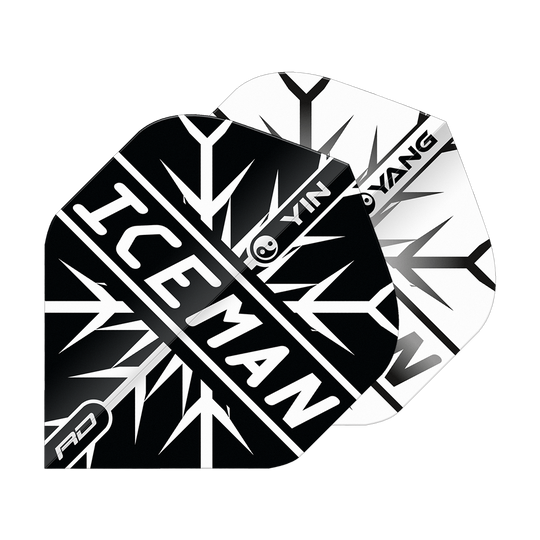 Red Dragon Gerwyn Price Iceman Czarno-Biały Yin Yang Standardowe Loty Das Bild zeigt zwei Dart-Flights in Schwarz und Weiß mit einem Yin-Yang-Design. Auf dem vorderen Flight steht in großen Buchstaben „ICEMAN“.