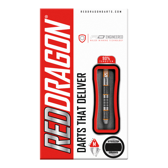 Rzutki stalowe Red Dragon Amberjack 5 - 24g Die Abbildung zeigt die Verpackung der "Red Dragon Amberjack 5 Steeldarts - 24g". Auf der Packung sind ein sichtbarer Dartpfeil und die Aufschrift "Darts That Deliver" zu sehen.