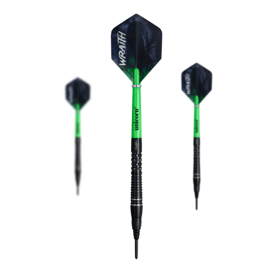 Das Bild zeigt ein Set der Unicorn Wraith Gary Anderson Phase 6 Softdarts mit 20g Gewicht. Das Set ist vollständig abgebildet.