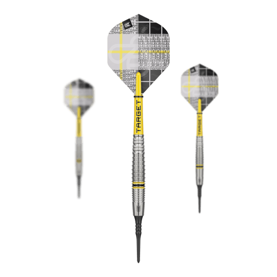 Lotki miękkie Target Scott Williams GEN2 - 18g Das Bild zeigt drei Softdarts des Modells "Target Scott Williams GEN2" mit einem Gewicht von 18g. Die Darts haben gelb-silberne Schächte und moderne Flights mit einem schwarz-weißen Muster.