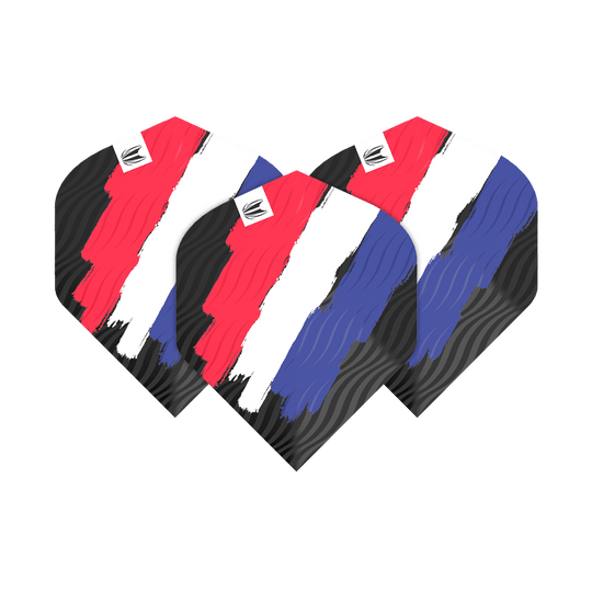 TG12_335770_Target_ProUltra_Flag_Holland_No2_Standard_Flights_1s59E871JUc4k0 Das Bild zeigt drei Dartflights mit einem Design in den Farben Rot, Weiß und Blau. Die Flights haben ein stilisiertes Muster, das an die niederländische Flagge erinnert.