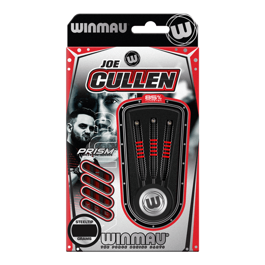 Stalowe lotki Winmau Joe Cullen 85 Pro-Series Die Abbildung zeigt die "Winmau Joe Cullen 85 Pro-Series Steeldarts" in ihrer Verpackung. Drei Darts mit schwarzem und rotem Design sind deutlich sichtbar angeordnet.