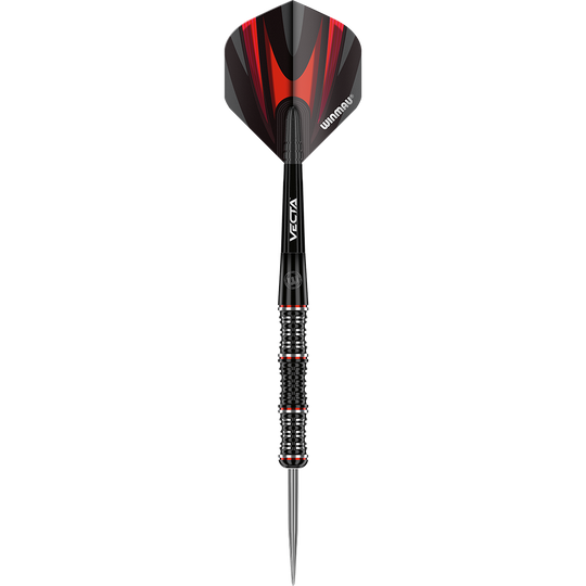 1461_Winmau_Mervyn_King_Special_Edition_Steeldarts_1kRZEQ6dGi2fcp Das Bild zeigt einen Winmau Mervyn King Special Edition Steeldart. Der Dartpfeil hat ein schwarzes Design mit roten Akzenten am Flight und am Griff.