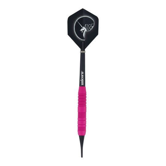 Unicorn Core Plus Gumowane Różowe Miękkie Lotki - 19g Das Bild zeigt einen Unicorn Core Plus Rubberised Pink Softdart mit einem Gewicht von 19 Gramm. Der Dartpfeil hat einen pinkfarbenen, gummierten Griff und eine schwarze Flights mit einem stilisierten Einhorn-Design.