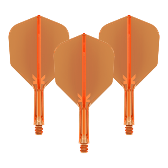 System lotu Target K-Flex No6 – neonowopomarańczowy Auf dem Bild sind drei neonorange Darts-Flights mit Schaft zu sehen. Sie sind nebeneinander angeordnet und haben eine transparente Optik.