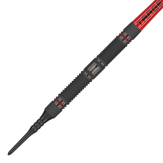 Targetownik 10 miękkich rzutek Das Bild zeigt einen Target Scope 10 Softdart mit einem schwarzen, geriffelten Griff und roten Akzenten. Der Dart hat eine rote Fliege mit der Aufschrift "TARGET".