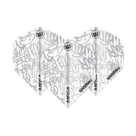 6900-243_Winmau_Mega_White_Standard_Flights_18xYx1XfGFhx3E Auf dem Bild sind drei Winmau Mega White Standard Flights zu sehen. Sie haben ein weißes Design mit grauen Graffiti-Mustern und dem Winmau-Logo.