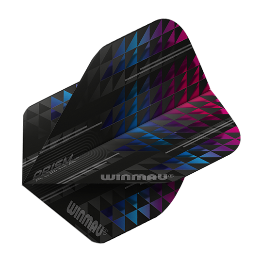 6915-115_Winmua_Prism_Alpha_6915-115_Standard_Flights_2 Das Bild zeigt das Produkt "Winmau Prism Alpha 6915.115 Standard Flights". Die Flights sind schwarz mit einem Muster aus blauen und pinken Dreiecken sowie dem Winmau-Logo.