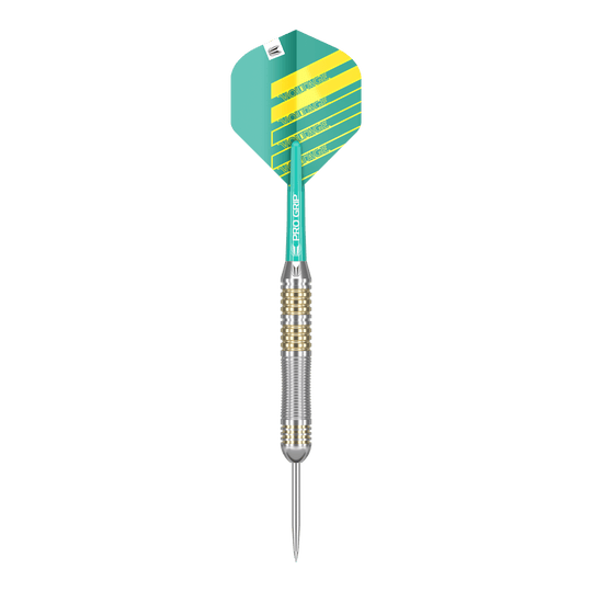 Target Rob Cross Brass Steeldarts - 22g Das Bild zeigt einen Target Rob Cross Brass Steeldart mit einem Gewicht von 22g. Der Dart hat eine grün-gelbe Flight und einen silber-goldenen Griffbereich.