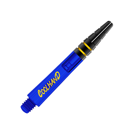 Red Dragon Nitrotech Luke Humphries Coolhand Shafts - Niebieski Das Bild zeigt einen blauen Dart-Schaft mit der Aufschrift "COOLHAND" in gelber Schrift. Der Schaft hat am oberen Ende schwarze und gelbe Akzente.