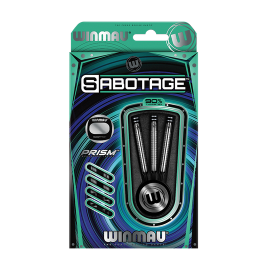 Auf dem Bild ist eine Verpackung mit drei Softdarts der Marke Winmau zu sehen. Die Darts tragen den Namen "Sabotage" und bestehen zu 90 % aus Tungsten.