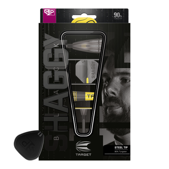 Lotki stalowe Target Scott Williams Shaggy Black Swiss Point Das Bild zeigt die Verpackung der "Target Scott Williams Shaggy Black Swiss Point Steeldarts". Auf der Verpackung sind ein abgebildeter Dartpfeil sowie das Gesicht eines Mannes zu sehen.