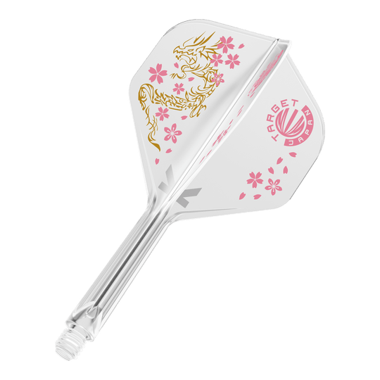Das Bild zeigt das Produkt "Target Japan K-Flex Smash No2 Standard Flight-Shaft-System". Es ist durchsichtig mit rosa Kirschblüten und einem goldenen Drachen verziert.