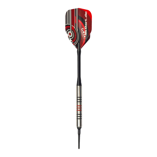 Lotki McDart 85 Tungsten V11 Soft Darts - 17,5 g Dies ist ein McDart 85er Tungsten V11 Softdart mit einem Gewicht von 17,5g. Der Dart hat ein silbernes Barrel mit schwarzen und roten Ringen sowie ein rot-schwarzes Flight-Design.