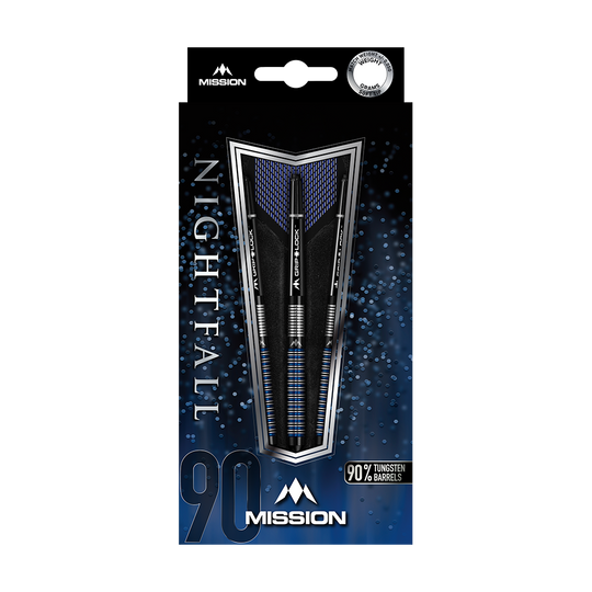 Das Bild zeigt die Verpackung der "Mission Nightfall Model 1 Softdarts". Die Darts bestehen zu 90 % aus Tungsten und sind auf einem dunkelblauen Hintergrund präsentiert.