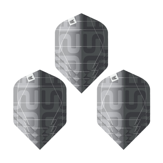 Target Pro Ultra Aspinall X Echo No2 Standard Flights - 3 zestawy Das Bild zeigt drei schwarze und graue Dartflights mit modernem Muster. Es handelt sich um das Produkt "Target Pro Ultra Aspinall X Echo No2 Standard Flights - 3 Sets".