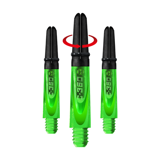 Auf dem Bild sind drei grüne Harrows Carbon 360 Shafts zu sehen. Sie sind für Dartpfeile und haben schwarze Oberteile.