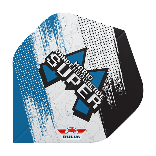 Das Bild zeigt ein Dartflight mit einem modernen, grafischen Design in Blau, Schwarz und Weiß. Auf dem Flight steht "Mario Vandenbogaerde SUPER" und unten ist das Bulls-Logo abgebildet.