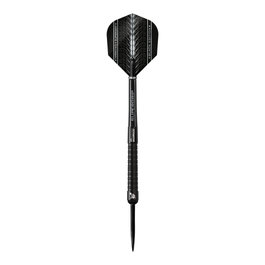 Stalowe lotki Harrows Supergrip Black Edition Das Bild zeigt einen schwarzen Steeldart der Marke Harrows Supergrip Black-Edition. Der Dart hat ein elegantes, komplett schwarzes Design mit feinen silbernen Akzenten.