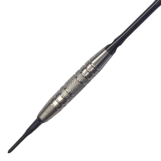 Lotki McDart 85 Tungsten V6 Soft Darts - 16g Das Bild zeigt einen Softdart namens "McDart 85er Tungsten V6" mit einem Gewicht von 16 Gramm. Der Dart hat einen silbernen, strukturierten Griffbereich für besseren Halt.