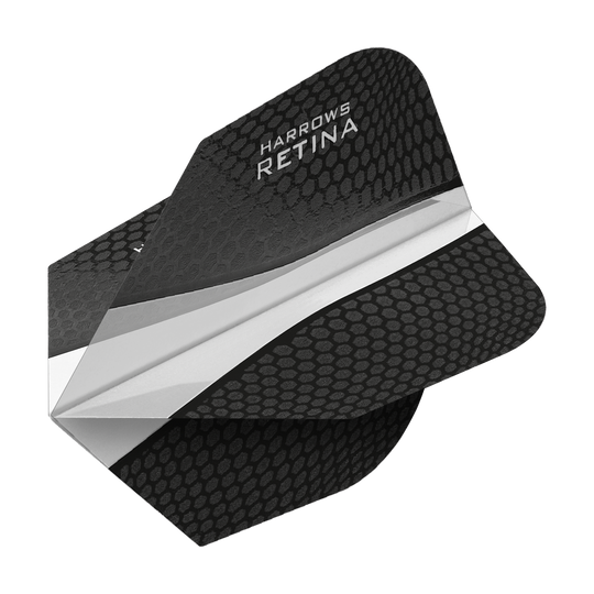 HR65_Harrows_Retina_Transparent_No2_Standard_Flights_2 Das Bild zeigt das Produkt "Harrows Retina Transparent No6 Flights". Die Flights sind schwarz mit einem transparenten Streifen und einem modernen, strukturierten Muster.
