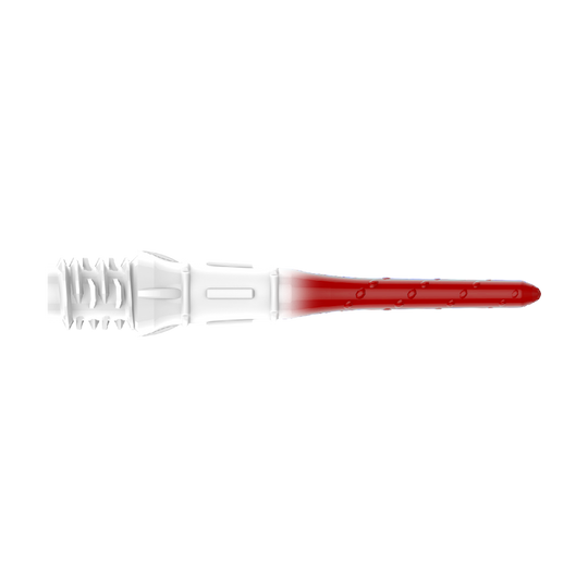 Końcówki do brwi L-Style Premium Lippoint Gradiation Dart Tips (opakowanie 30 sztuk) Das Bild zeigt eine Dartspitze mit einem Farbverlauf von Weiß zu Rot. Die Spitze hat ein gezacktes Gewinde auf der linken Seite und ist glatt auf der rechten Seite.